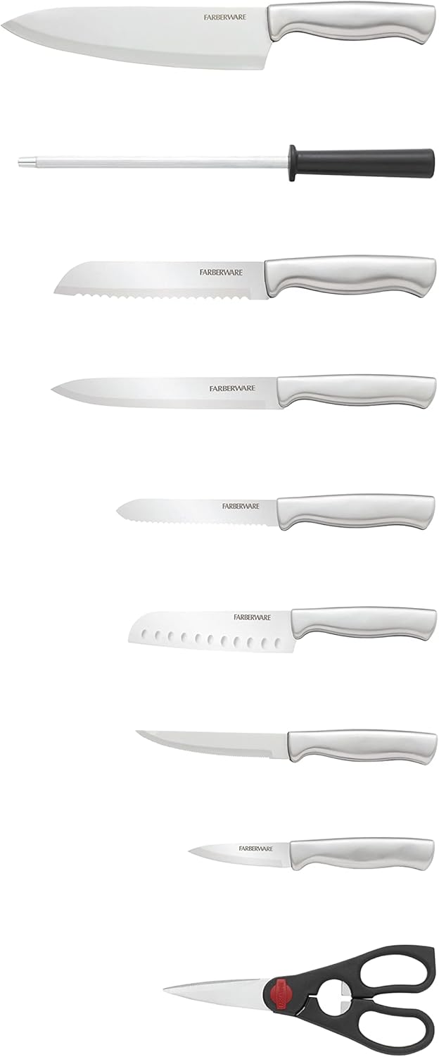 Farberware 15-Piece Kitchen Knife Set, High-Carbon Stainless Steel Blades with Wood Block, Steak Knives, Sharpening Tool & All-Purpose Shears, Razor Sharp, Ergonomic Stainless Steel Handles