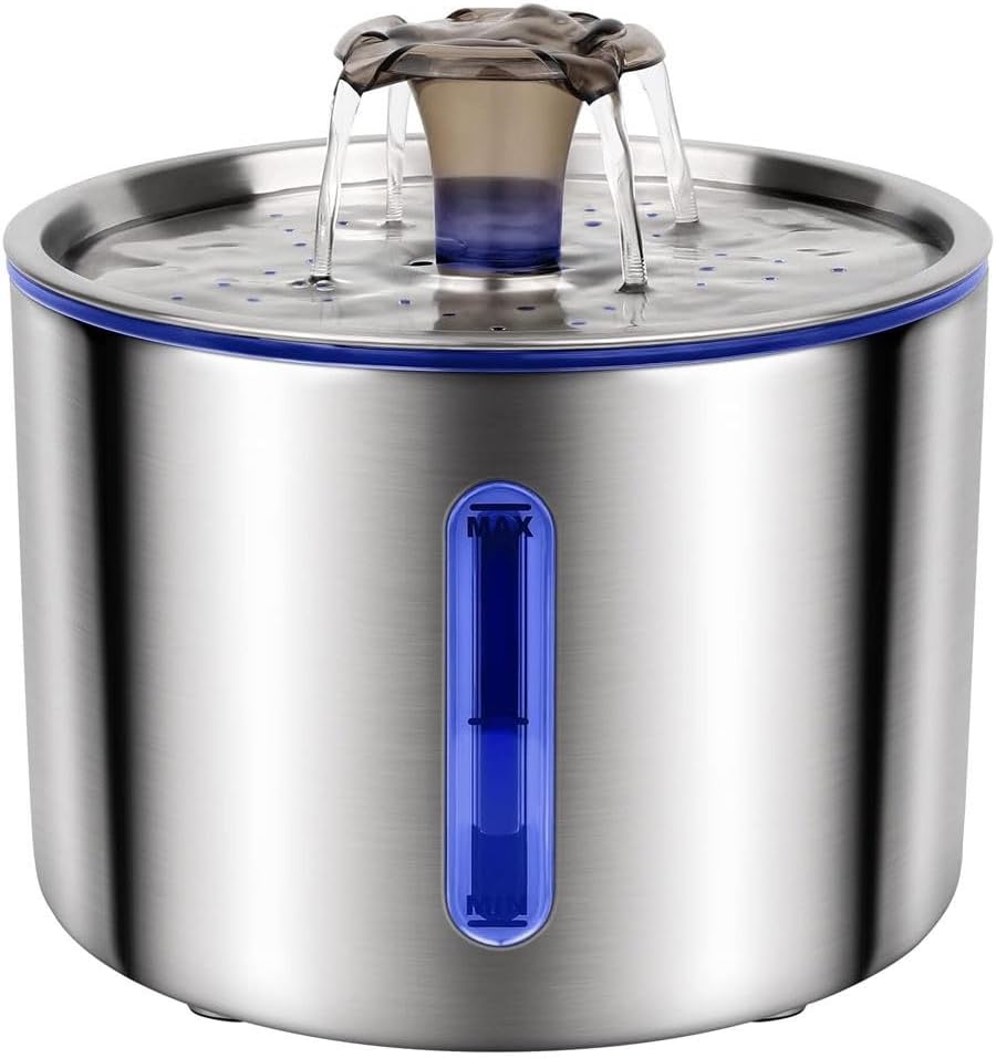 Cat Water Fountain Stainless Steel 84oz/2.5L, Automatic Pet Fountain with LED Water Level Indicator, Auto Power-Off & Ultra-Quiet Pump, 304 SS Water Dispenser for Cats and Dogs