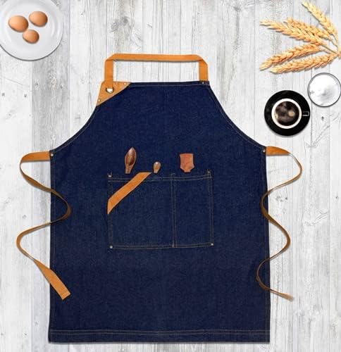 100% Cotton Denim Kitchen Apron with Pocket and Adjustable Neck with Long Ties Apron 25" X 31" for Women Men Chef Cooking, Baking, Gardening, Blue