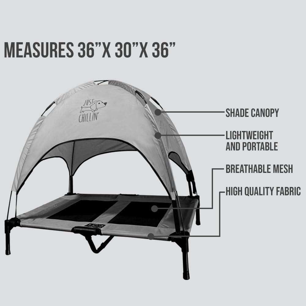 Just Chillin Large Elevated Dog Bed. Cool Cot with Removable Canopy Shade. Indoor or Outdoor Pet Use. Lightweight and Portable. Chill in Style on Raised Breathable Mesh Fabric.