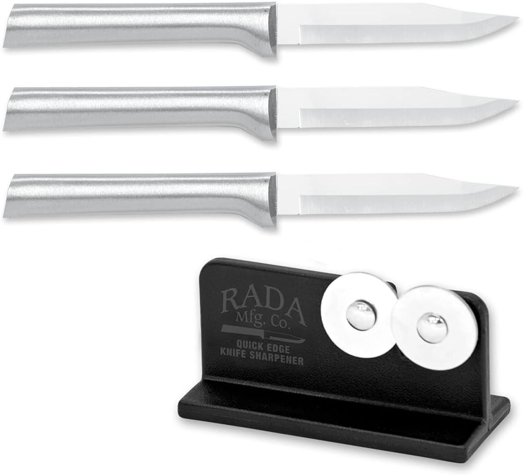 Rada Cutlery Regular Paring Knife (R101) with Quick Edge Sharpener (R119), 3.25" Stainless Steel Blade, Silver Handle, Pack of 3