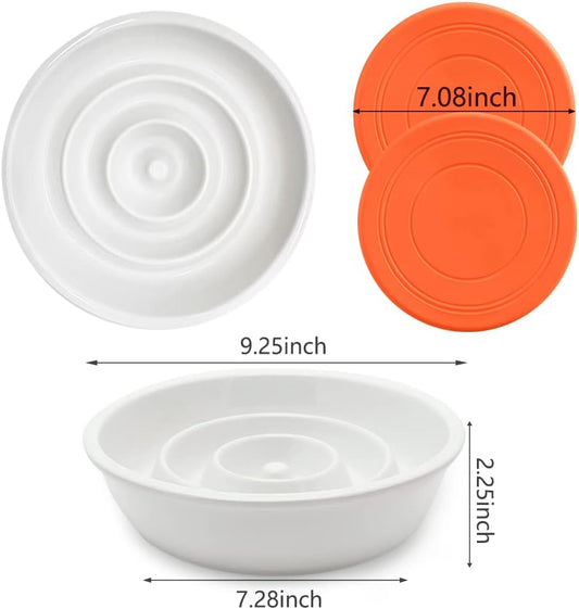 GH Ceramic Slow Feeder Dog Bowl, 3 Cups, 2 Pet Flying Discs Included - White