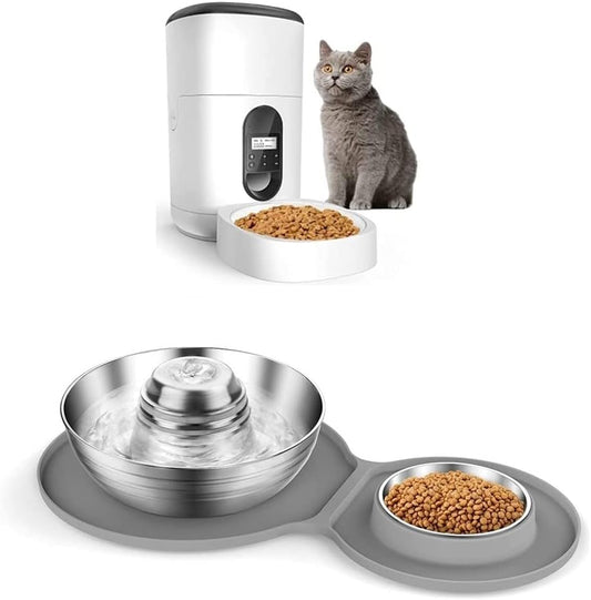 pet Water Dispenser 4L Automatic Feeder for Cats 2L/67oz Stainless Steel Water Fountain & Dog Bowl 2-in-1 Set with 3 Filters& Mat for Cats Dogs cat Fountain