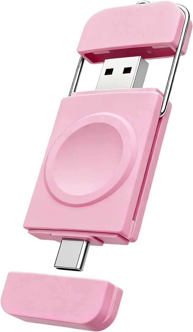 Charger for Apple Watch, Magnetic Portable iwatch Charger, USB C &USB A Fast Wireless Charging Travel Charger for Apple Watch Series 11/10/9/8/7/6/5/4/3/2/1/SE/UItra 2/Ultra,Pink