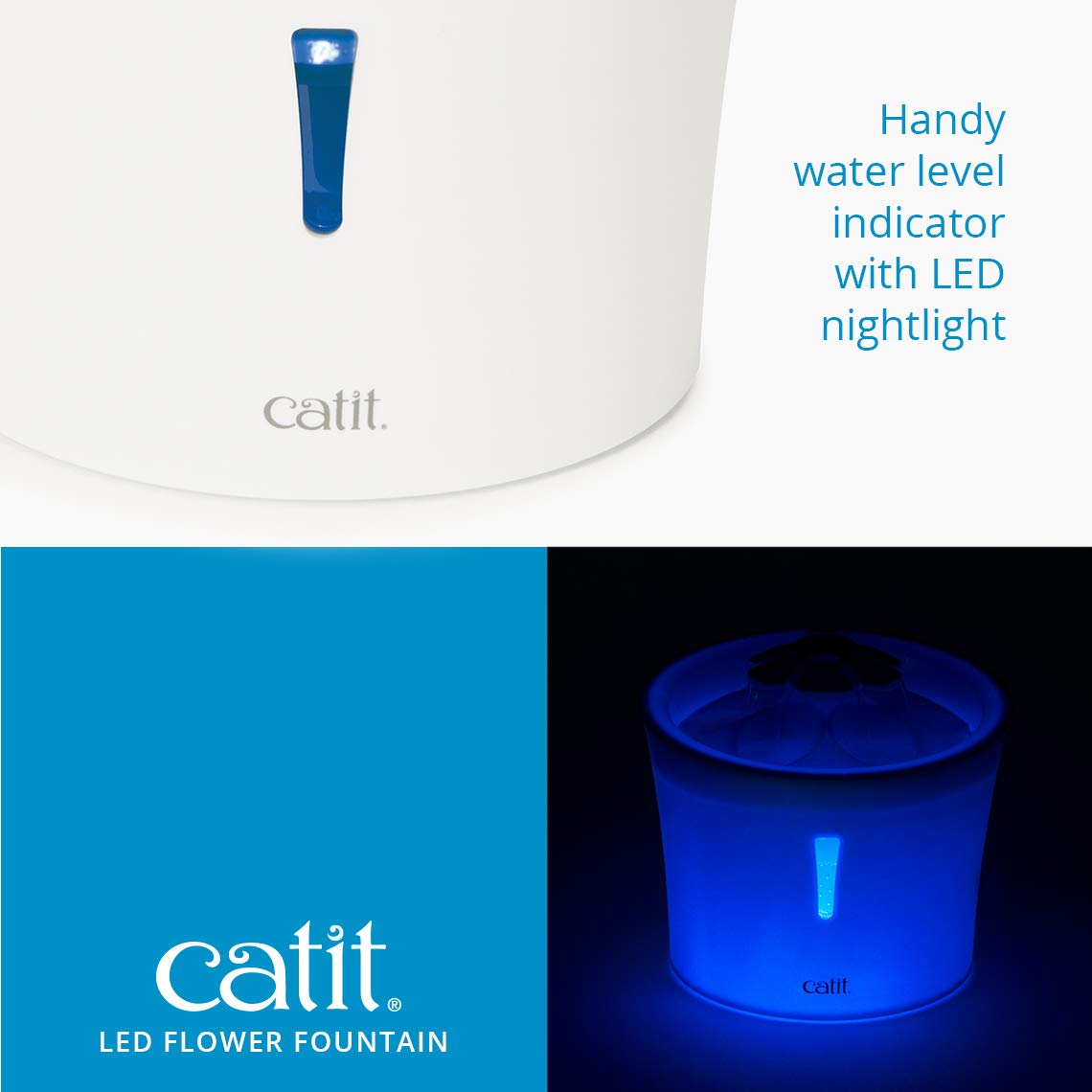 Catit LED Flower Fountain with Set of 5 Triple Action Filters, Cat Drinking Water Fountain, Blue, 3 L