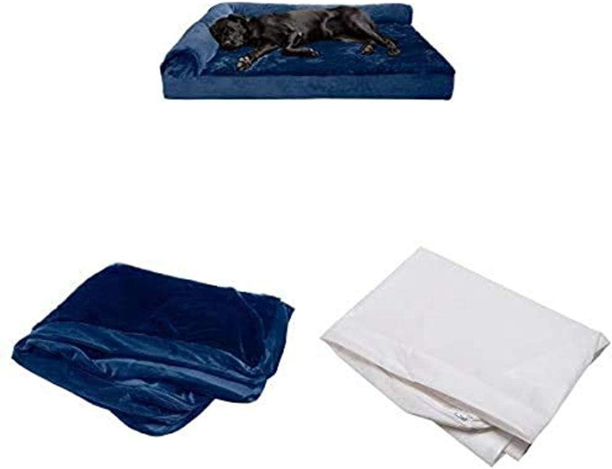 Furhaven Pet Bundle - Jumbo Plus Deep Sapphire Deluxe Cooling Gel Memory Foam Plush Faux Fur & Velvet L Shaped Chaise, Extra Dog Bed Cover, & Water-Resistant Mattress Liner for Dogs & Cats