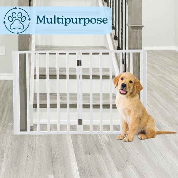 PETMAKER 애완동물 게이트 - 출입구, 계단 또는 집을 위한 반려견 게이트 - 자립형, 접이식, 아코디언 스타일, MDF 실내 반려견 나무 울타리(4 패널, 화이트)
