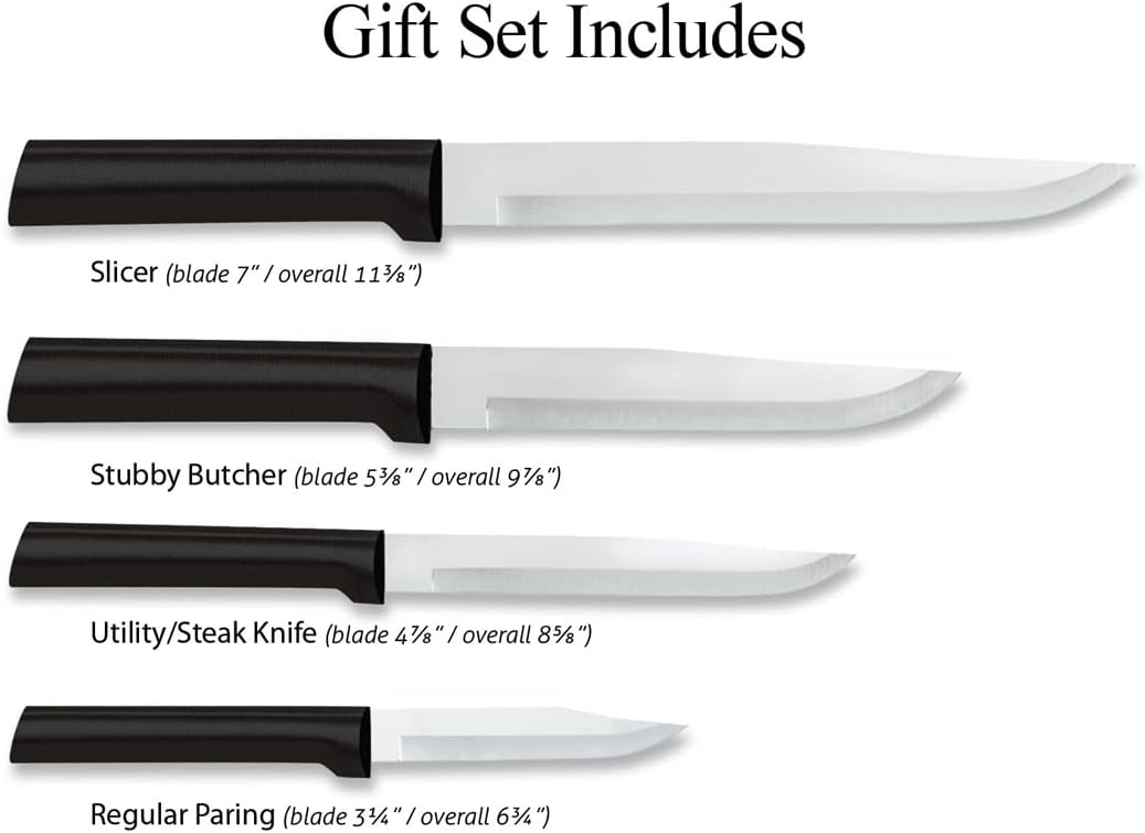 Rada Cutlery Wedding Register Gift Set (G204), 4-Piece Knife Set with Quick Edge Sharpener (R119), Black Handle