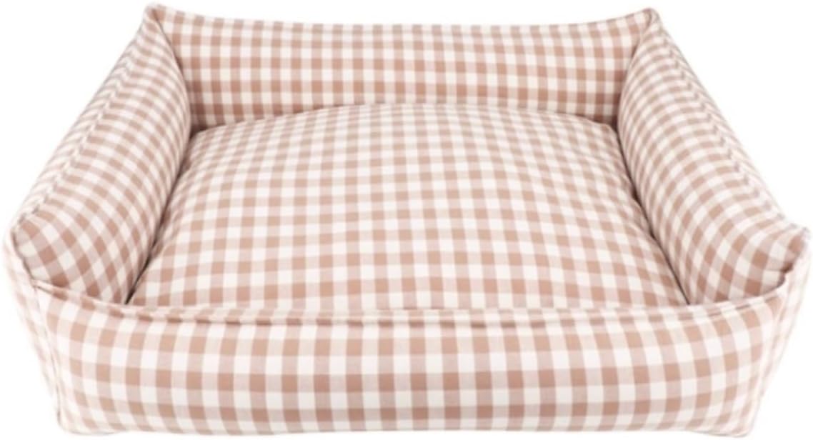 Cute Gingham Dog Bed for Small Dogs with Removable Cover All-Season Washable Plaid Dog Lounger for Pups (Beige Bed, X-Large)