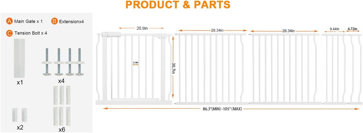 HOOEN Extra Wide Baby Gate for Doorways Stairs 86-105 Inch Wide Pressure Mounted Dog Gates for The House Walk Through Gates Indoor Safety Child Gates for Kids or Pets (86.3"-105")