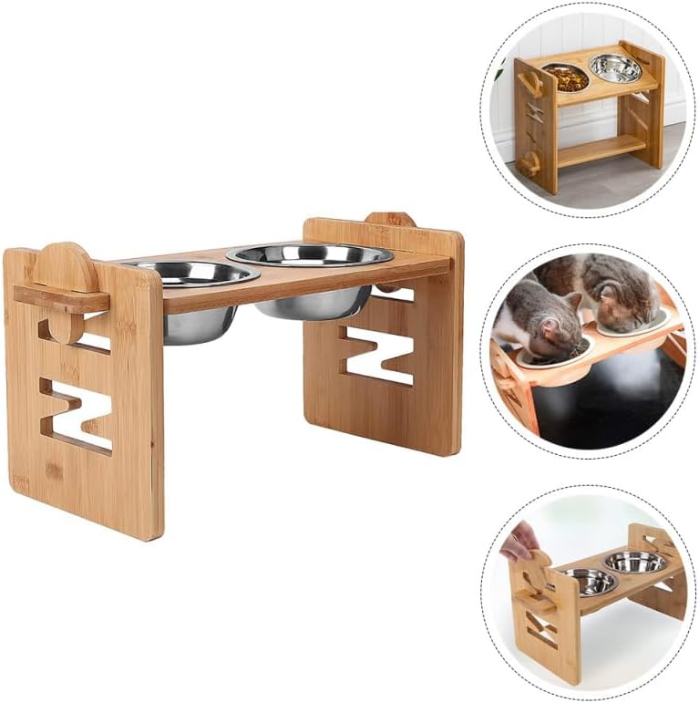 Milisten Raised Dog Bowl Stand with Neck Protection Elevated Pet Food Feeder Rack for Cats and Dogs Bamboo Style Pet Bowl Holder for Home Feeding 15.74X7.67In