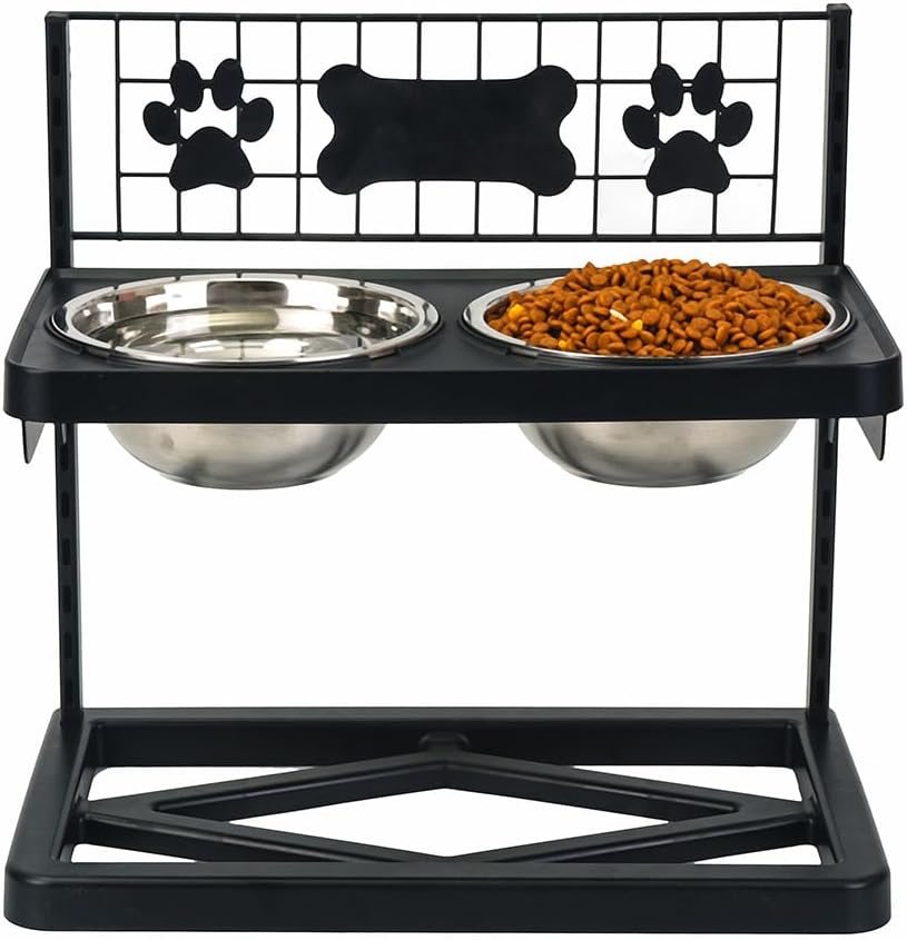 Elevated Dog Bowls Raised Pet Feeder Adjustable Dog Bowl Stand with Stainless Steel Bowls and ABS Frame, Double Dog Feeding Station with Paw Print Bone Decor for Medium Large Dogs