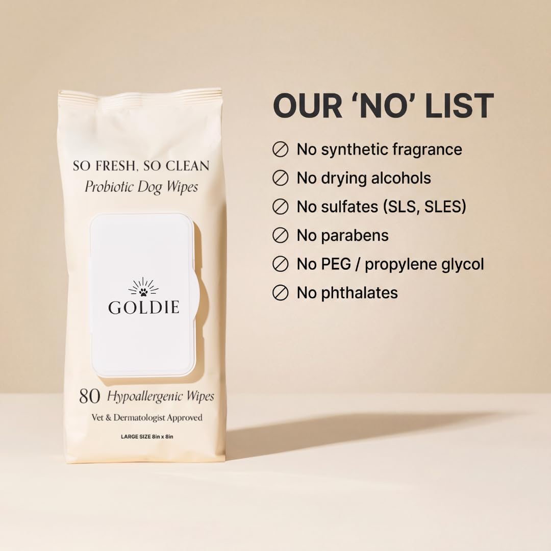 Goldie Dog Essentials Probiotic & Colloidal Oatmeal Dog Wipes for Paws, Skin Folds, Body & Bottom, Hypoallergenic, Fragrance-Free & Unscented, Plant-Based Dog Wipes, 80 Count
