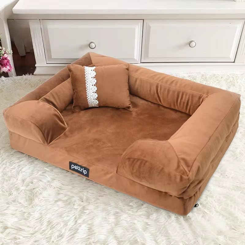 Custom Luxury Calming Waterproof Orthopedic Pet Sofa Beds Dog Bed with Removable Washable Cover (Brown, Large)