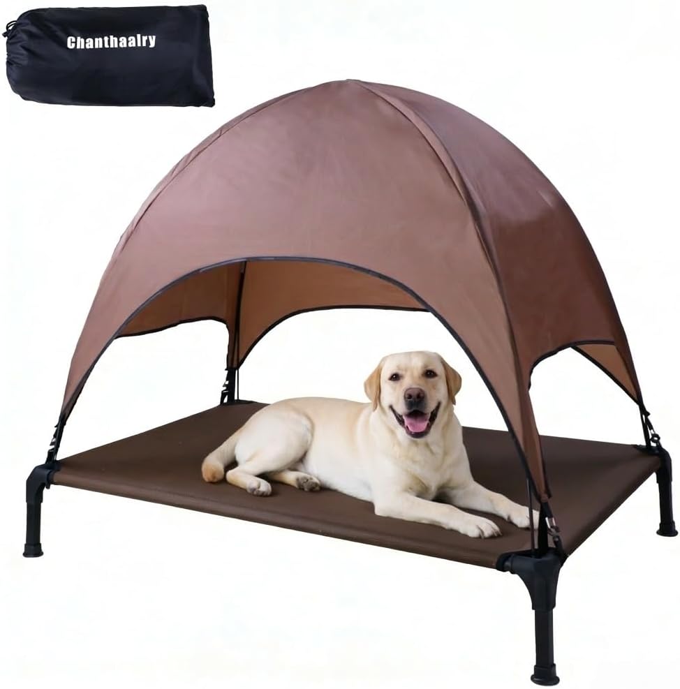 Outdoor Elevated Dog Cot, Portable Pet Bed with Removable Shade Water Resistant, Breathable Cooling Dog Camping Tent for Large Dogs Indoor Outdoor Backyard Camping Beach