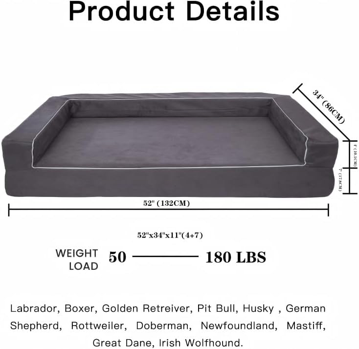 X-Large Orthopedic Memory Foam Dog Bed for Arthritis Relief & Hip Dysplasia - Bolster Couch Style with Premium YKK Zipper Waterproof Washable Cover & Bottom for Senior Dogs 90-120lbs
