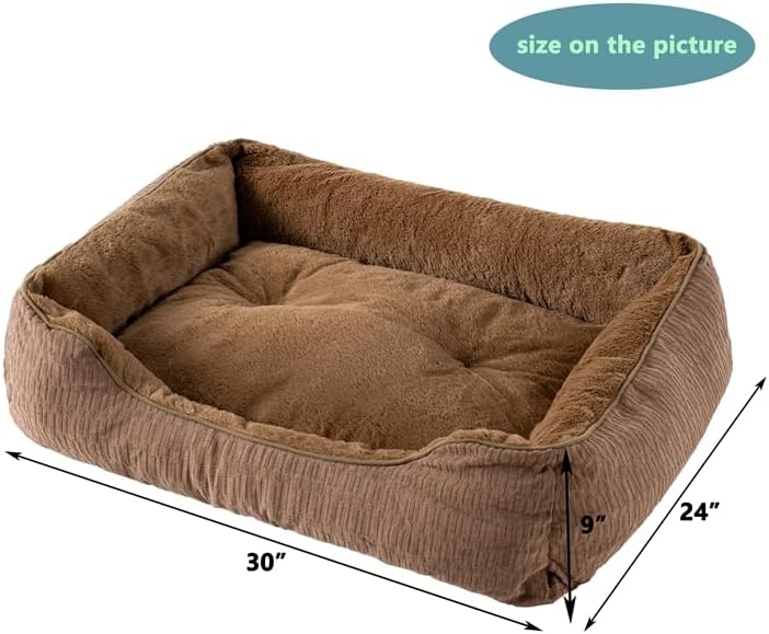 Happy Pets Luxury Orthopedic Pet Bed, F-Corduroy Foam, Brown or Light Gray Square Nest Bolster Design, Machine Washable Cover, for All Breeds (30" x 24" x 9", Brown Corduroy Square Nest)