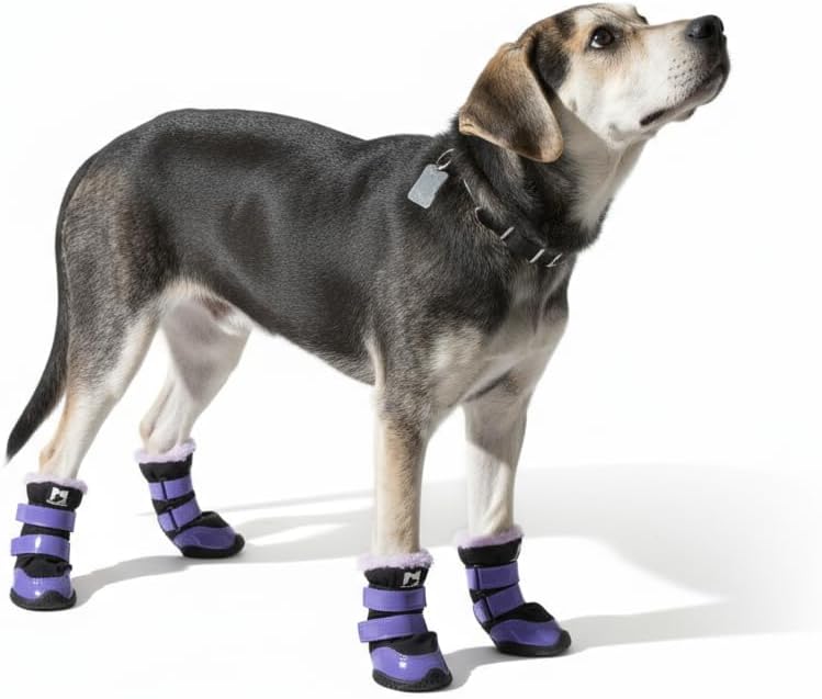 Dog Shoes for Winter Outdoor Purple Patent Leather Fleece-Lined for Warmth Waterproof Non-Slip Dog Booties 4PCS (7#(2.36-2.56))