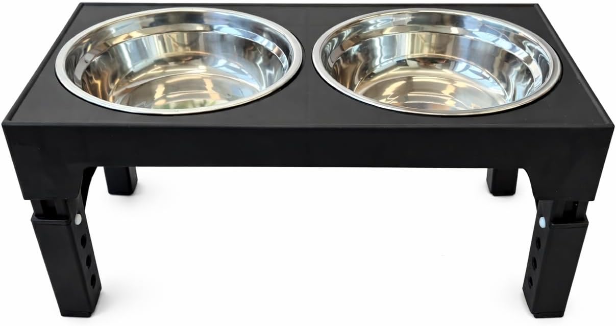 Elevated Dog Bowl Stand, Black, Adjustable Height, Double Stainless Steel Bowls,