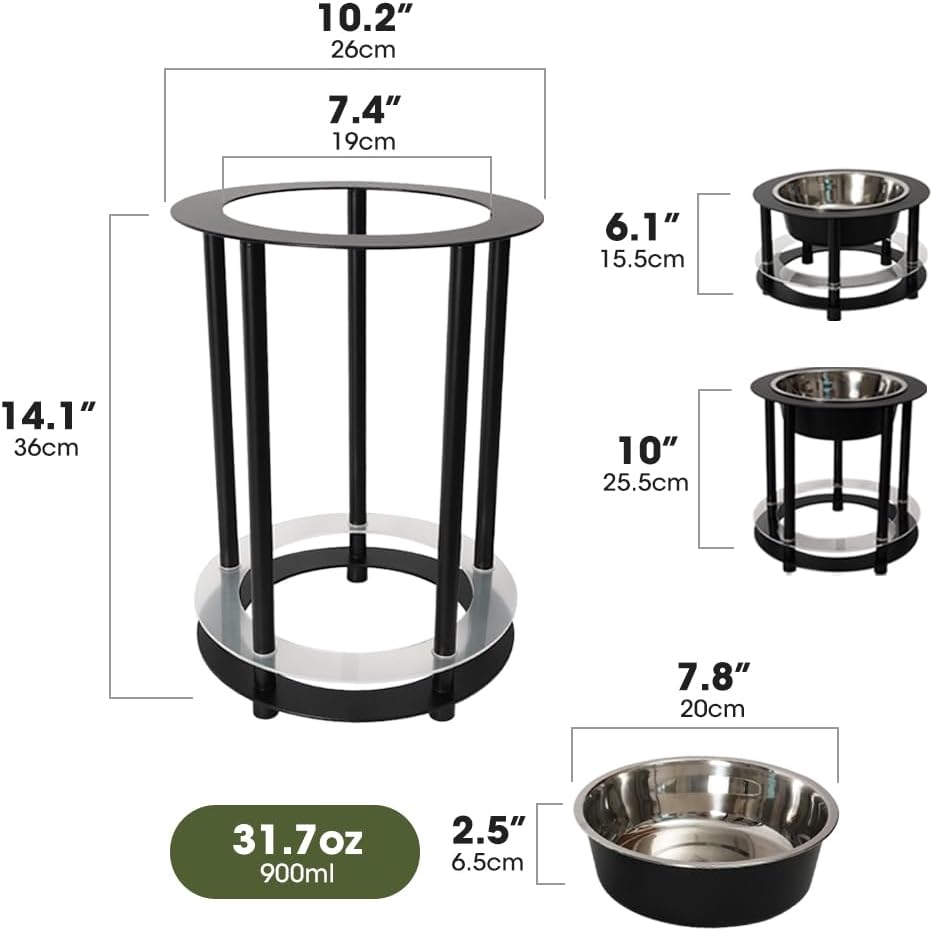 Elevated Dog Bowls, 32oz Stainless Steel Bowl, 3 Height Adjustable Single Dog Bowl Stand Raised Water Feeder for Large, Medium, Small Dog(Bowl Included) - MK2072A(Black)