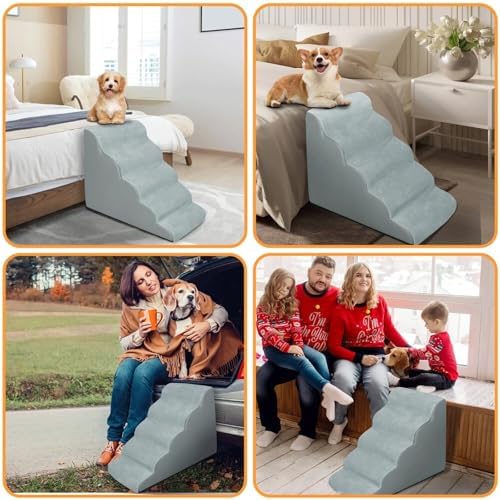 4-Step Pet Stairs for Small Dogs & Cats - Non-Slip Dog Ramp with Washable Cover, Soft Steps for High Beds & Couches, Ideal for Pets with Joint Pain - Grey