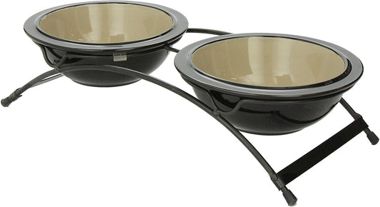 Petrageous 44339 Buddys Best Steel Frame Non-Skid Raised Dog Feeder 13-Inch by 5.75-Inch by 3-Inch Tall Anti Slip Dog Diner with 2 Dishwasher-Safe Stoneware 6-Inch 2-Cup Capacity Bowls, Brown