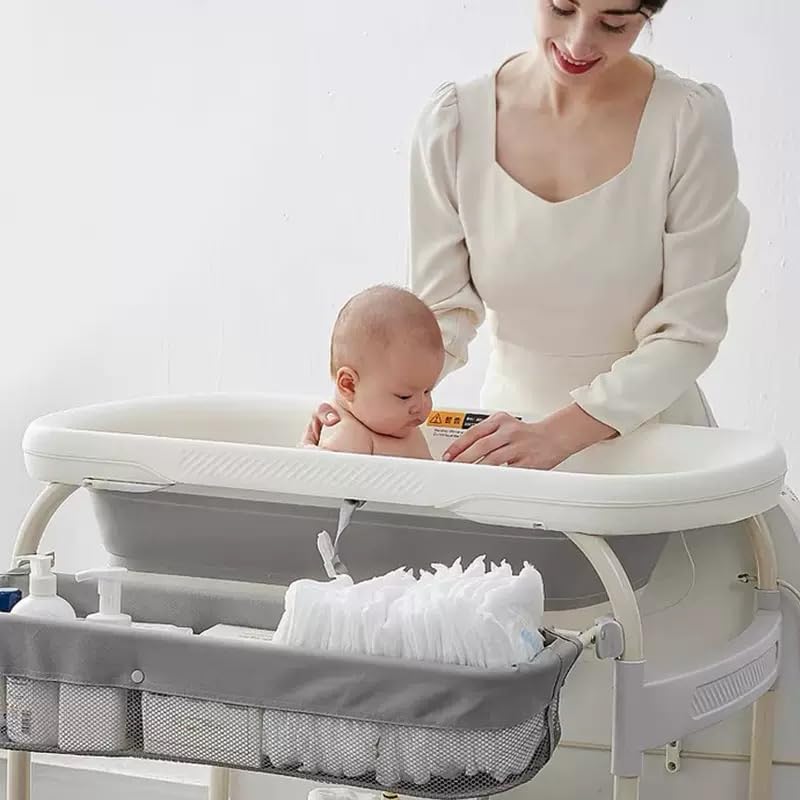 PandaEar 2-in-1 Baby Bathtub & Changing Table, Adjustable Height Folding Diaper Station Waterproof Pad with Storage Rack & Wheels, Baby Bath Tub with Thermometer