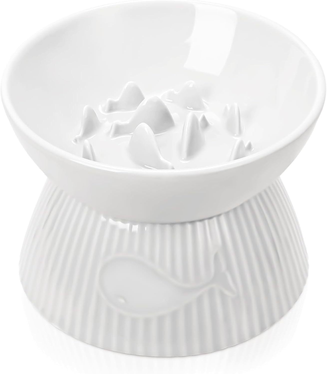 Raised Cat Slow Feeder, Ceramic Slow Feeder Cat Bowl, Upgraded Ridges to Prevent Vomiting and Indigestion, No Spill High Edge for Dry/Wet Food, Heavy and Stable, Easy to Clean Pet Bowls