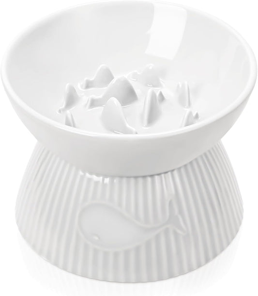 Raised Cat Slow Feeder, Ceramic Slow Feeder Cat Bowl, Upgraded Ridges to Prevent Vomiting and Indigestion, No Spill High Edge for Dry/Wet Food, Heavy and Stable, Easy to Clean Pet Bowls