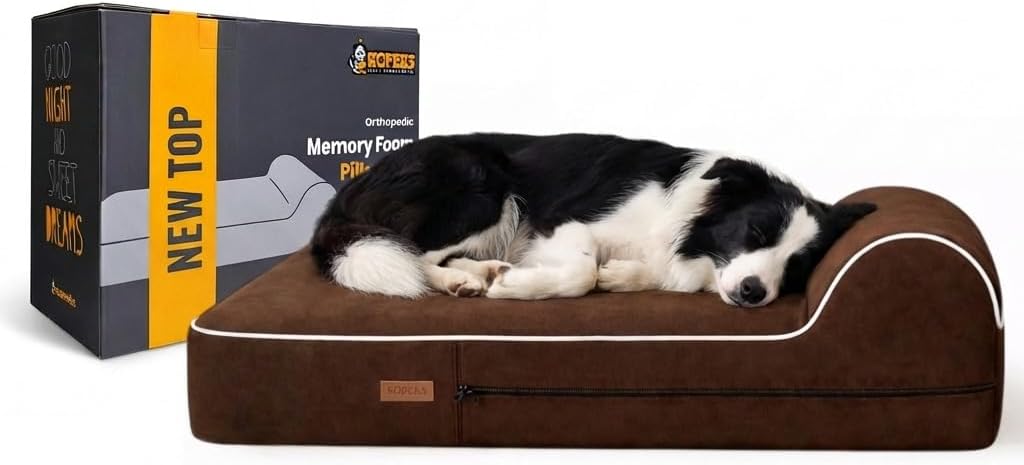 5.5 Inch Thick High Grade Orthopedic Memory Foam Dog Bed With Pillow and Easy to Wash Removable Cover with Anti-Slip Bottom. Free Waterproof Liner Included - for Large Breed Dogs