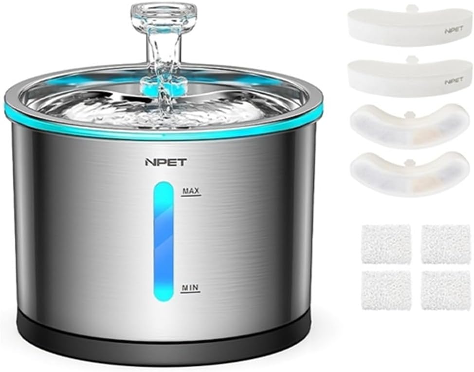 NPET WF210 Cat Water Fountain Stainless Steel, 50oz/1.5L Dishwasher-Safe Pet Water Fountain Ultra Quiet Automatic Cat Water Dispenser with Light for Cats Inside (4 Filters+Fountain(with Adapter))