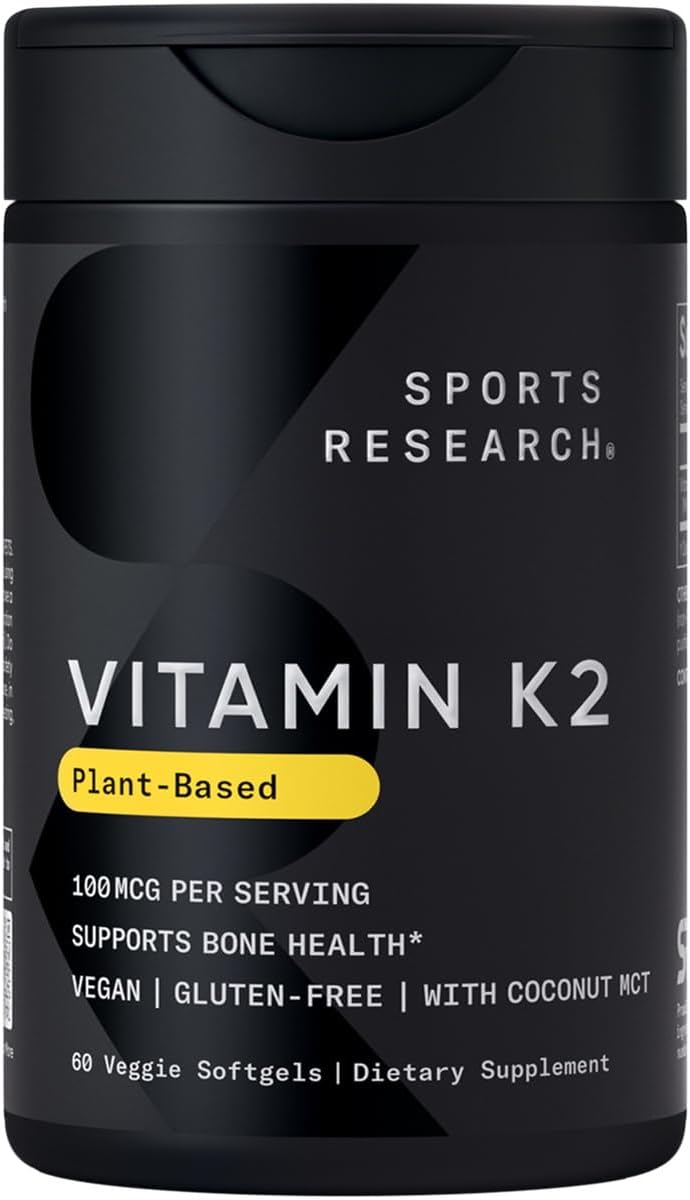 Sports Research® Vitamin K2 as MK-7 100mcg with Coconut MCT Oil - 60 Veggie Softgels (2 Month Supply) Vegan Certified, Non-GMO Verified, Gluten & Soy Free