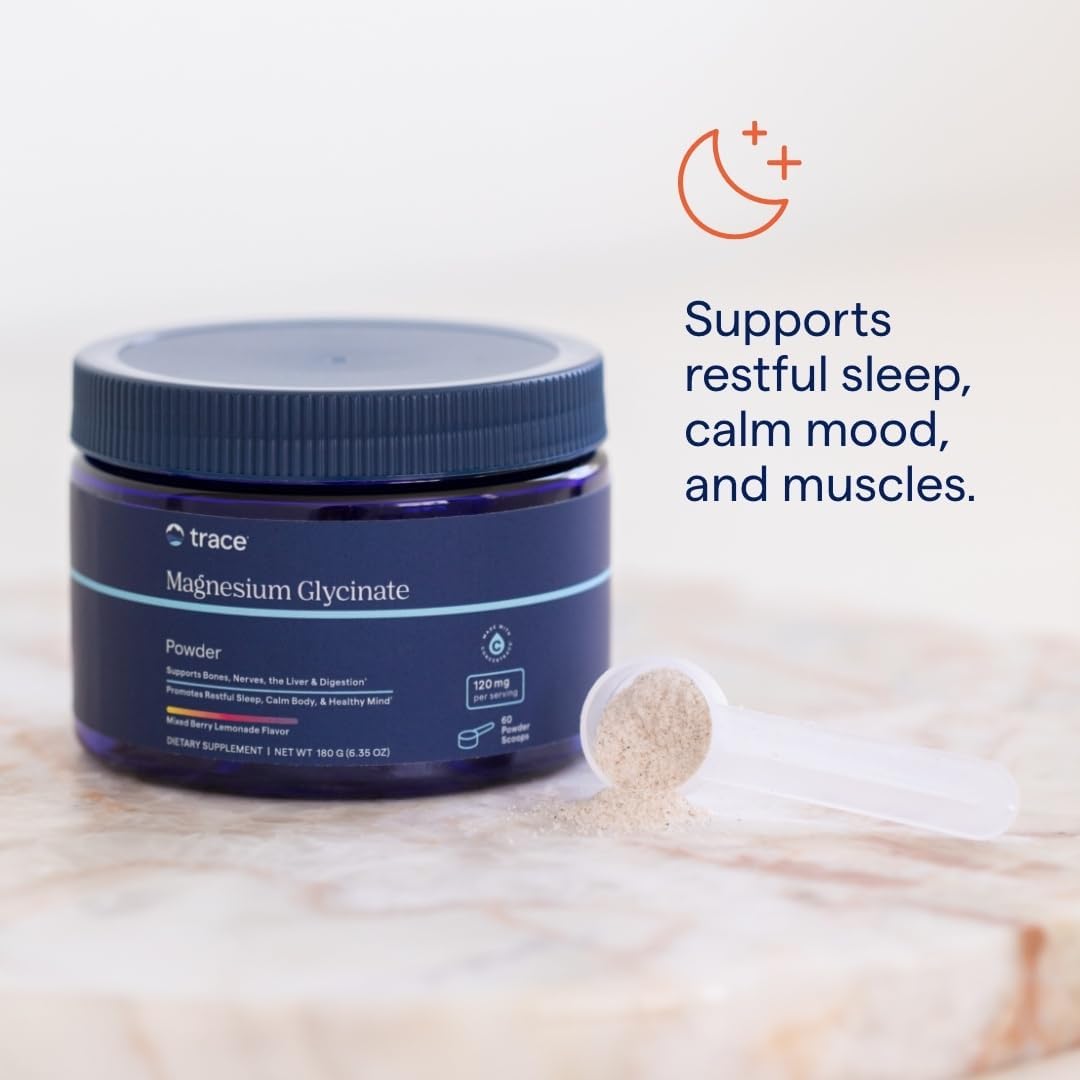 Trace Minerals Magnesium Glycinate Powder - Daily Magnesium Powder for Sleep Support - Calming Bedtime Drink - Natural & Gentle - Mixed Berry Lemonade - 180g (60 Servings)