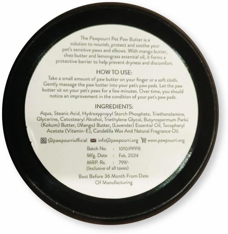 Paw Butter for Softening and moisturizing Dry and chapped Paws of Dogs and Cats | Enriched with a Blend of Mango Butter, shea Butter, and Lemongrass - 100g