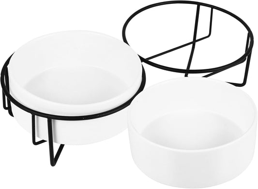 PRETYZOOM Ceramic Pet Bowl Double Dog Bowls with Black Iron Raised Stand 13cm Spill-Resistant Cat Feeding Dish for Water and Food