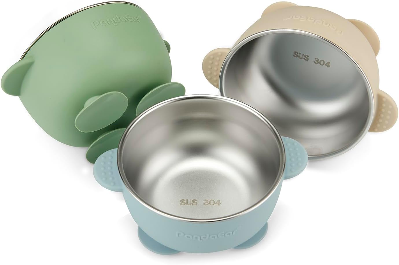 PandaEar 3 Pack Stainless Steel Baby Suction Bowls, Non-Slip Child Food Bowl with Silicone Sleeve for Kids Toddlers Infants, Unbreakable & Mess Free (Blue Green Brown)