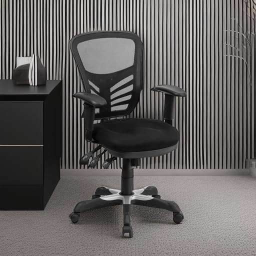 Flash Furniture Nicholas Mid-Back Swivel Desk Chair with Wheels, Mesh Back, Padded Seat, and Armrests, Adjustable Height Mesh Ergonomic Office Chair, Black