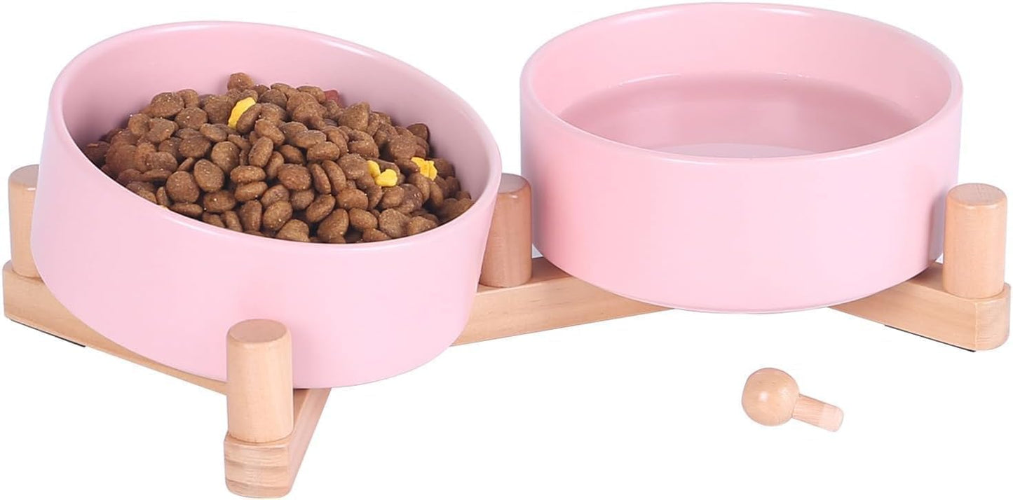 Ceramic Dog Bowl and Cat Bowls Set with 15° Adjustable Wood Stand, Non-Slip Weighted Pet Food and Water Bowls, Dual Raised Feeder for Small Dogs Cats, Matte Glaze Pet Dish 13.5oz Set of 2 (Pink)