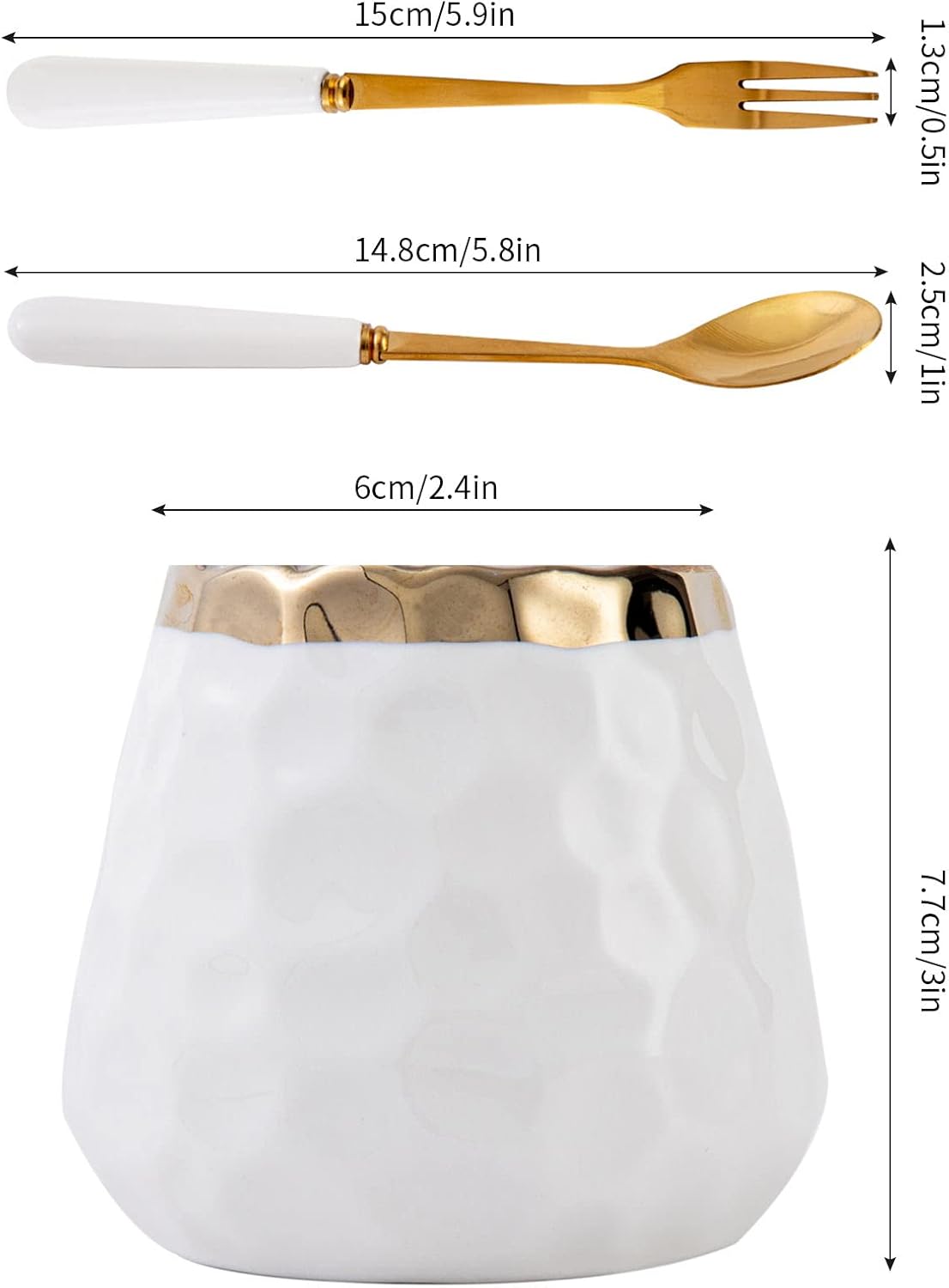 Coffee Spoon Set,Ceramic Jar with 8 Small Spoons for Coffee,Tea,Ice Cream,Cake,Flatware Set (White gold jar+8 spoons)