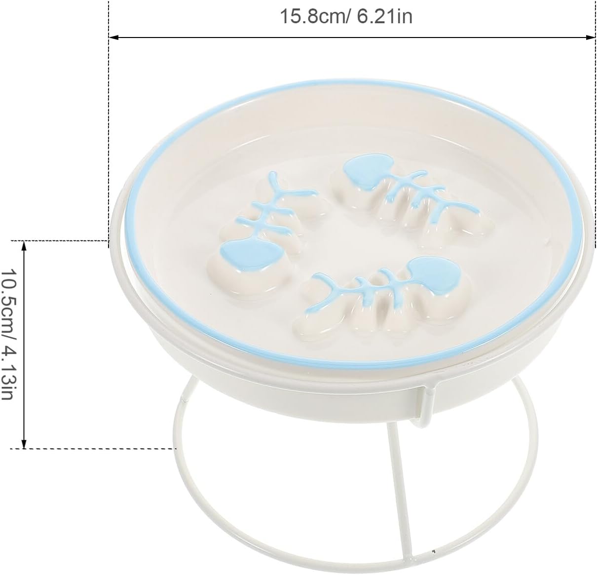 PRETYZOOM Ceramic Elevated Cat Slow Feeder Bowl with Stand, Anti-Choke Raised Pet Dish for Indoor Cats and Puppies, Blue Three-Fish and White Three-line Design
