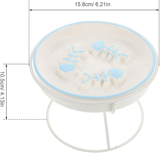 PRETYZOOM Ceramic Elevated Cat Slow Feeder Bowl with Stand, Anti-Choke Raised Pet Dish for Indoor Cats and Puppies, Blue Three-Fish and White Three-line Design