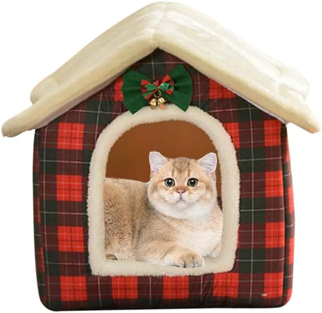 Christmas Cat Bed for Indoor Cats Plaid Xmas Cat Tent Cats Bed Cave for Pets Kittens and Dogs (Christmas Plaid, M(18.1 X 14.6 X 15.7 Inch))