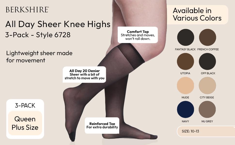 Berkshire Women's Berkshire Plus Size All Day Sheer Knee Highs - Reinforced Toe - 3 Pack - 6728