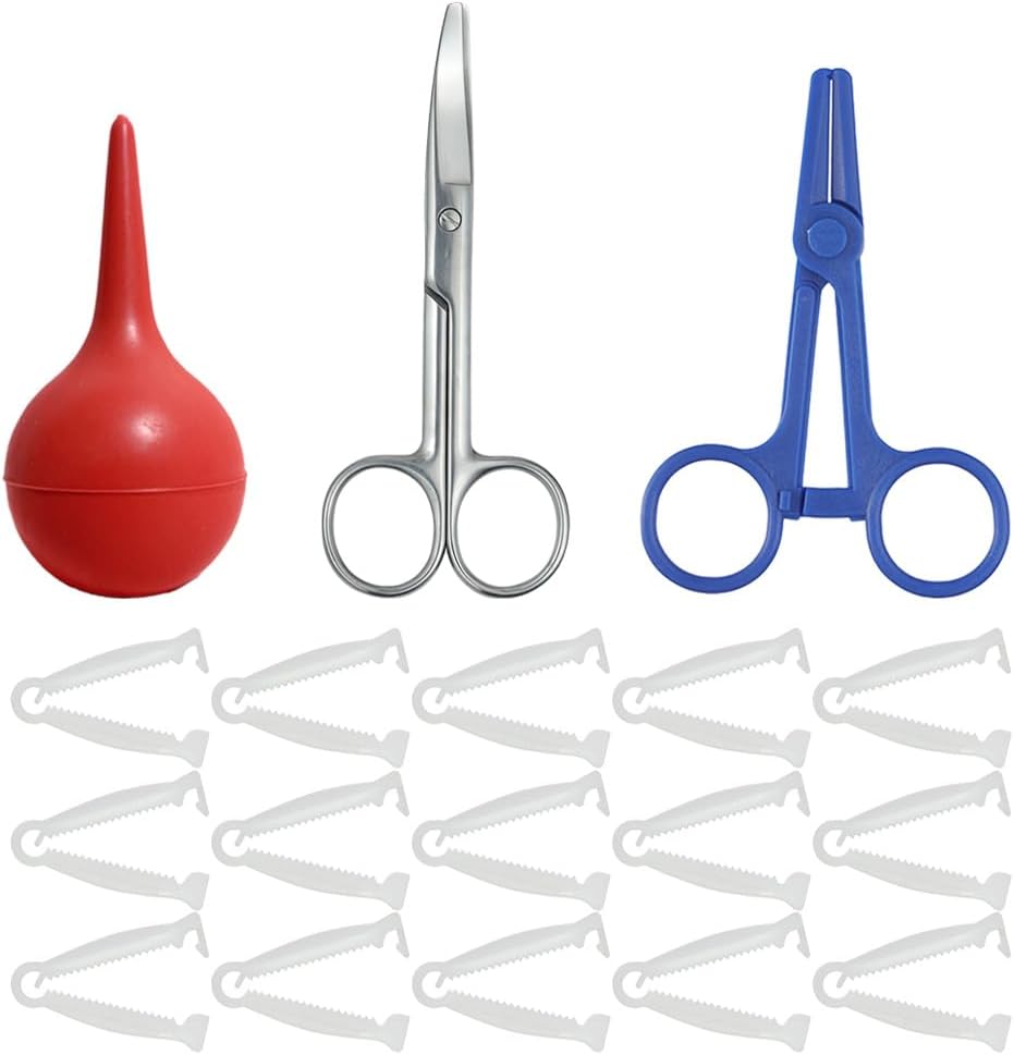 Animal Birth Kit with Curved Scissors | Disposable Umbilical Clamps, Hemostat, Bulb Syringe | Safe Delivery for Puppies, Kittens, Lambs, Piglets & Calves (Farm & Home Use) (Red - Rubber)