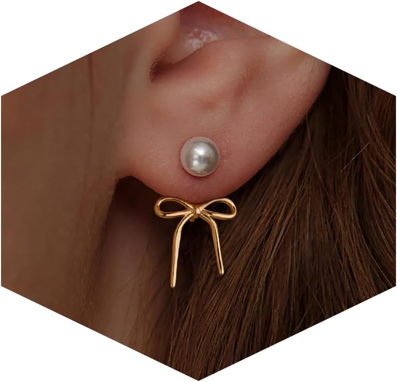 Risamil 14K Gold Plated/Silver Earrings for Women Trendy, Dainty Bow Earrings for Women Cute Pearl Huggie Earring Hoops Twist Rope Bow Stud Pearl Dangle Cubic Zirconia Earrings Jewelry Gifts