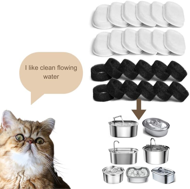Cat Water Fountain Filters,12 Filters with 12 Sponges- Replacement Filters for Stainless Steel Cat Water Fountain PLWF003 & PLWF006