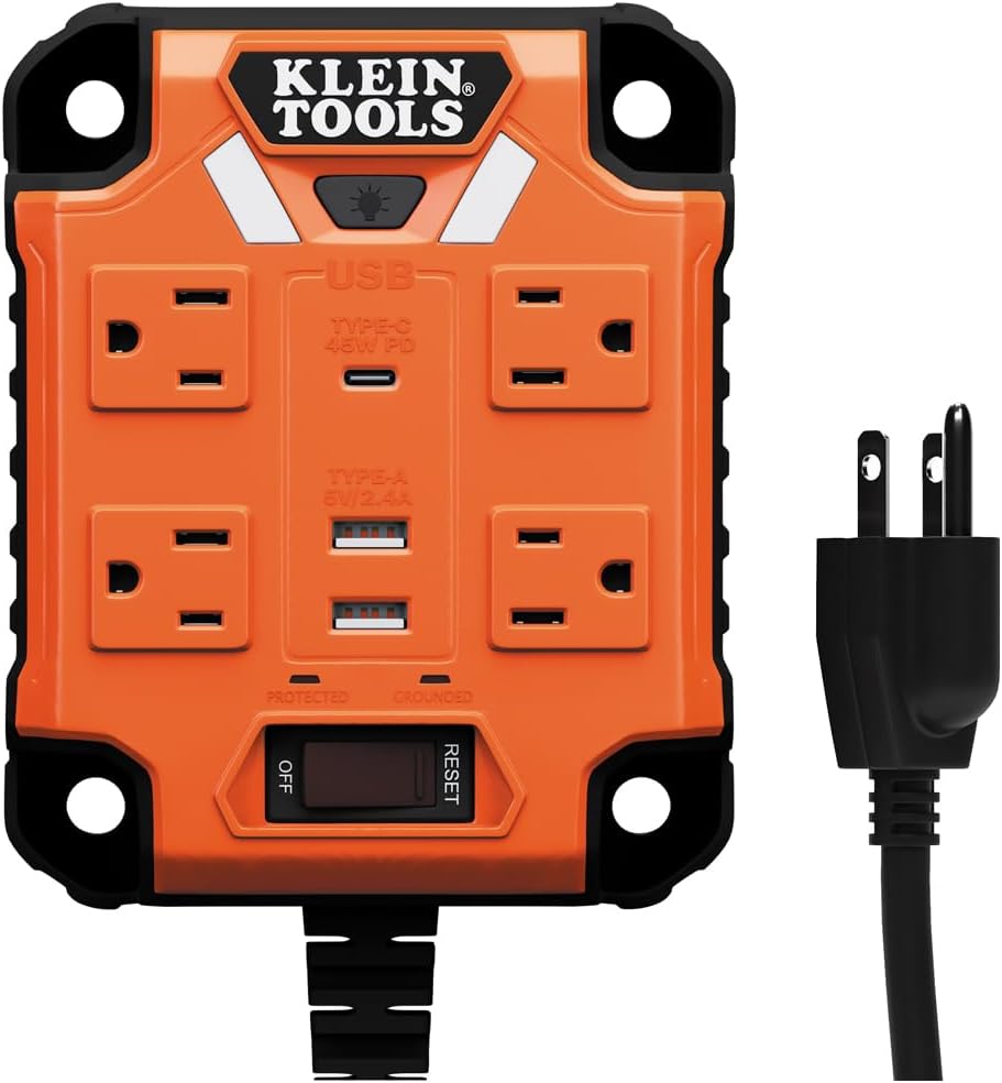 Klein Tools 29601 Magnetic Power Strip with Surge Protector, Extension Cord, 4 Outlets, 3 USB Ports, 5-Foot Cord, Power Supply Box with Light, PowerBox 1, Heavy Duty