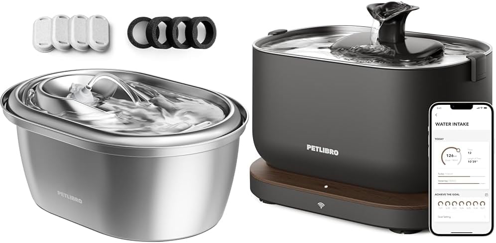 Bundle of PETLIBRO Automatic Stainless Steel Cat Water Fountain, 101oz/3L with 4 Filters & 4 Sponges + PETLIBRO App Cat Water Fountain 2.5L/84oz Dockstream Pet Water Fountain with 2.4GHz Wi-Fi