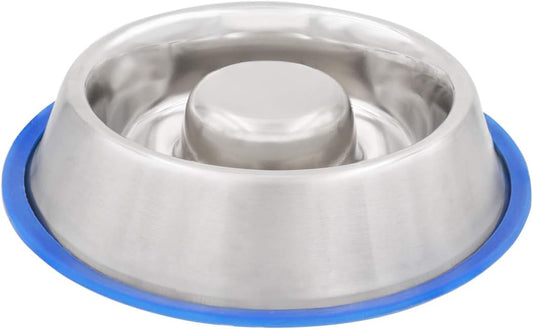 Fuzzy Puppy Slow Feeder Dog Bowl with Non-Slip Rubber Base for Dogs & Cats, Holds Food, Water & Treats, Metallic Silver Stainless Steel, 18oz (SFD-S)