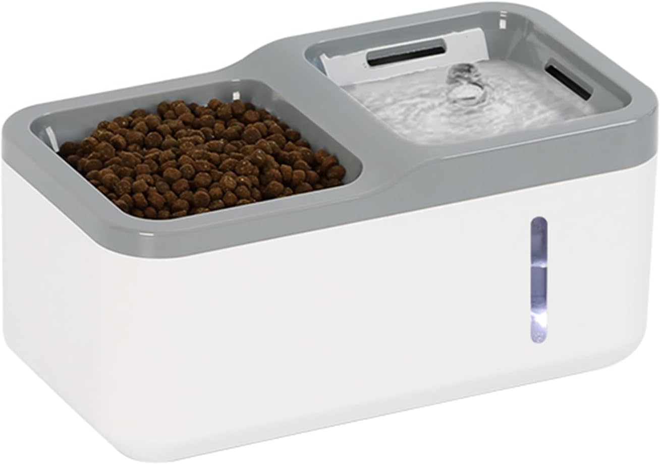 Dog Cat 2-in-1 Automatic Water Fountain and Food Bowl with Filtered, LED Light, 51oz/1.5L Pet Drinking and Food Storage